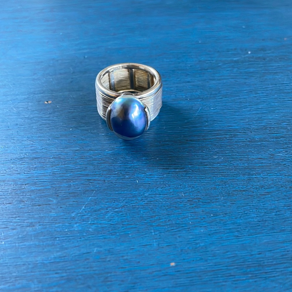 Sterling silver and faux peacock pearl ring